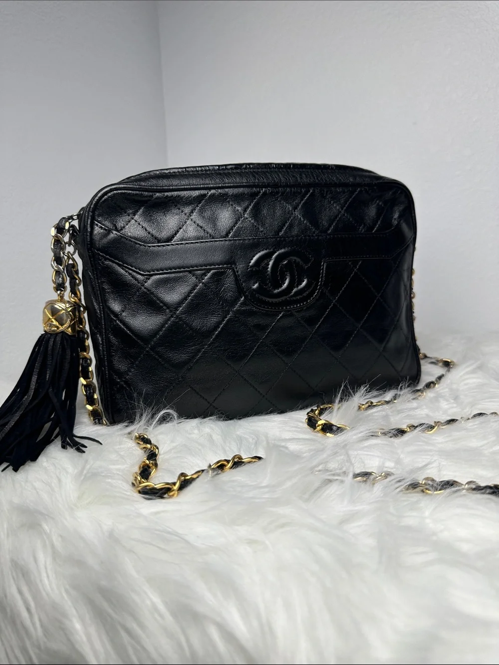 CHANEL Black Quilted Lambskin Crossbody with Tassel and Chain